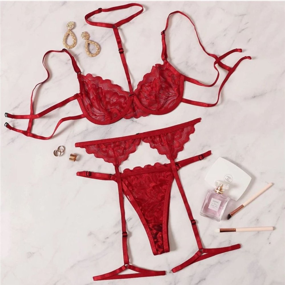 3pc Red Lace Lingerie Set